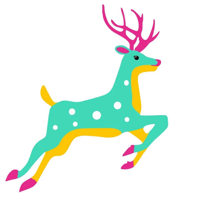 Aldebert le cerf, mascotte du kit Polychromia : illustration d'un cerf turquoise bondissant aux bois roses
