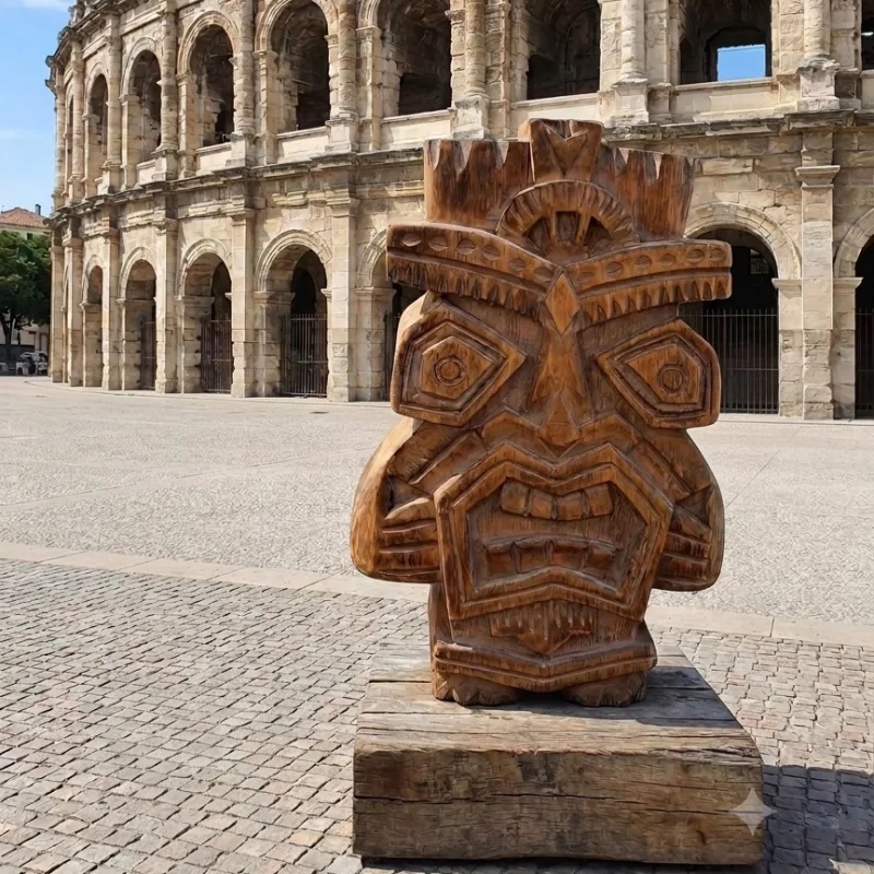Mascotte totem en bois de Totem posée devant les arènes romaines de Nîmes